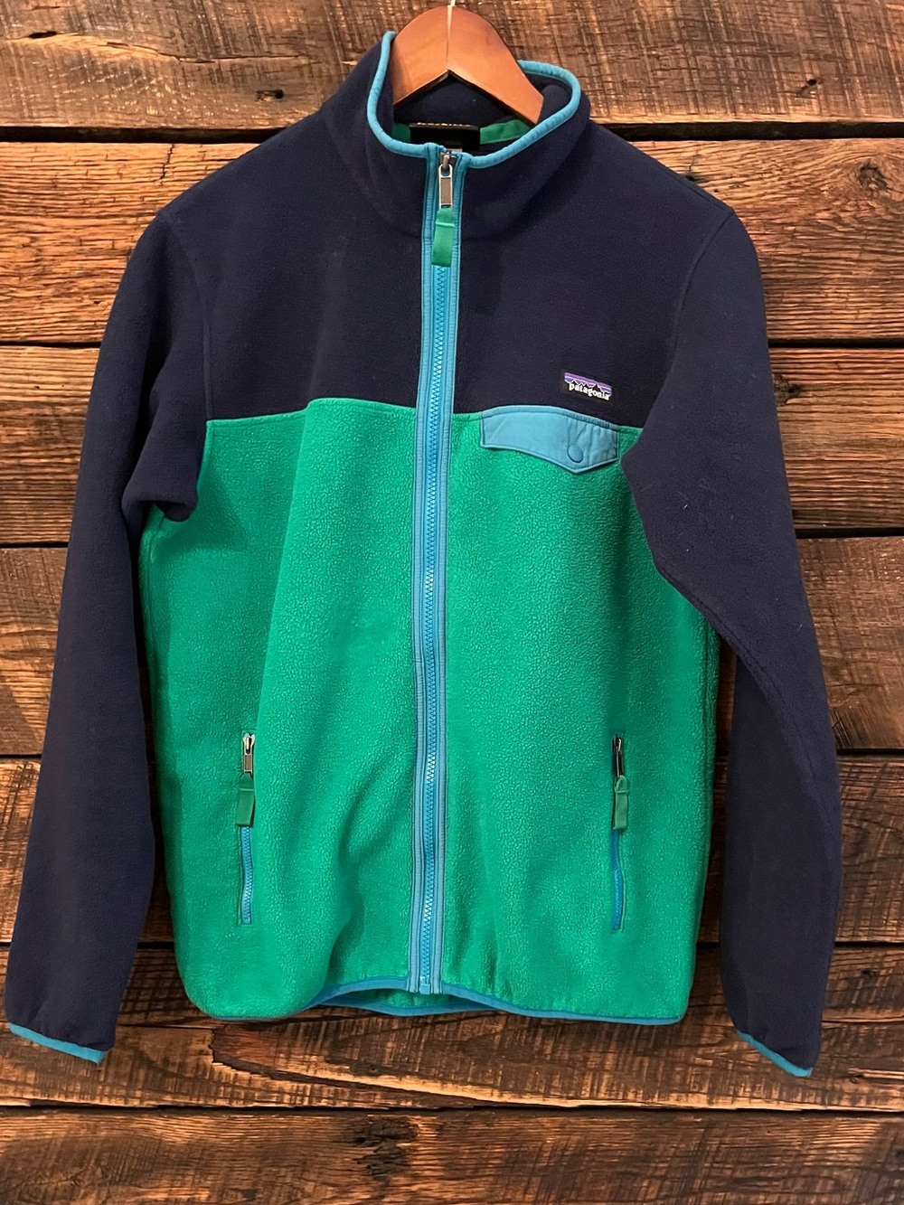 Patagonia Synchilla Snap T fleece full zip jacket zip pockets green navy medium